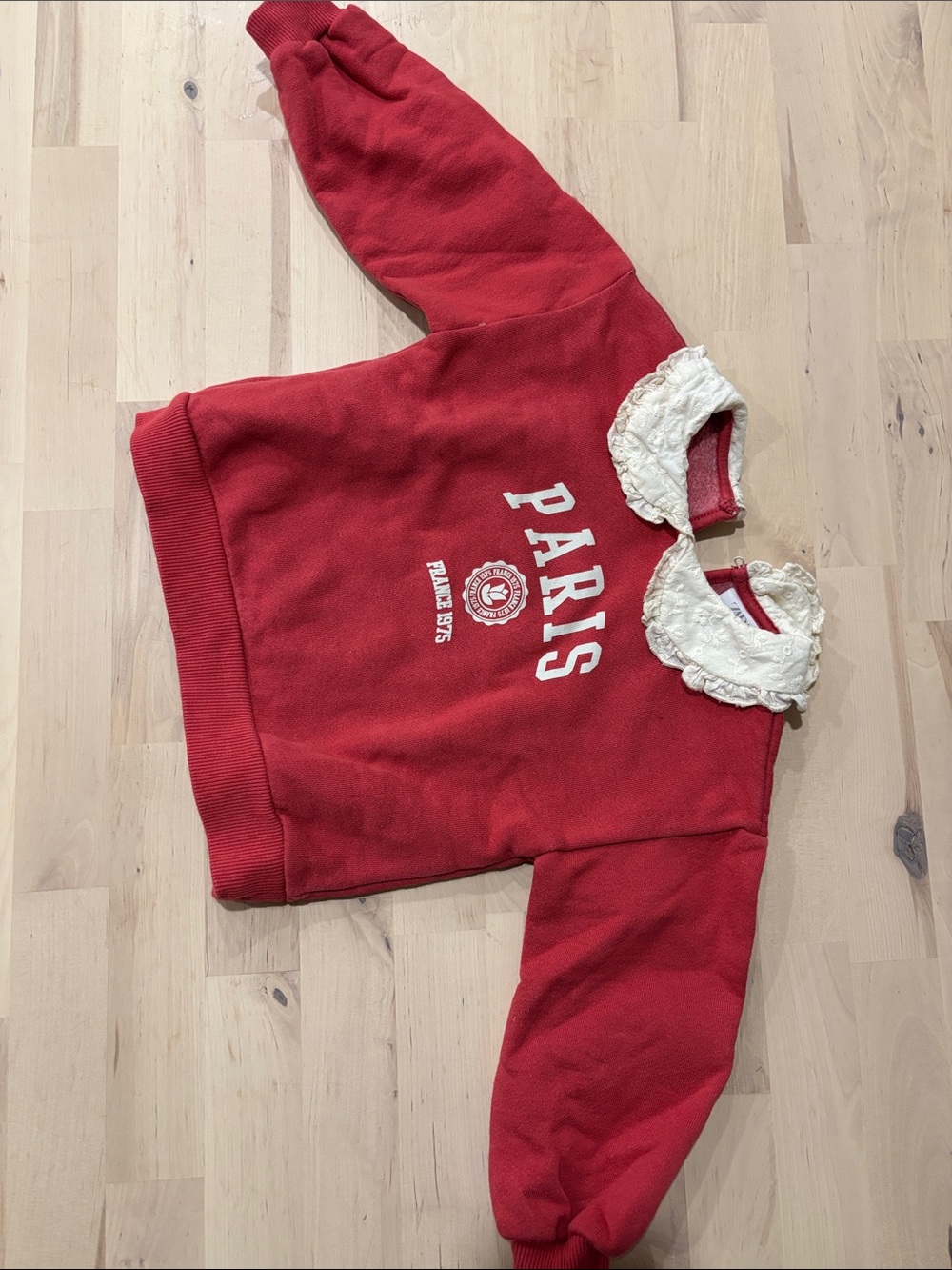 Zara Red Paris Sweatshirt with Decorative Lace Collar